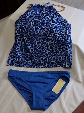NWT Michael Michael Kors 464 Tide Blue Leopard Top+464TB Solid Bikini Bottom SzL